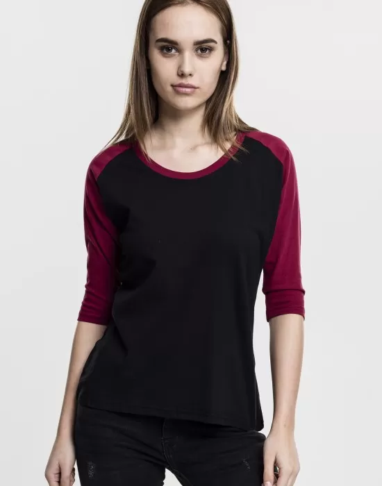 Дамска блуза Urban Classics blk/burgundy с 3/4 ръкави, Блузи - Hoodstyle.bg