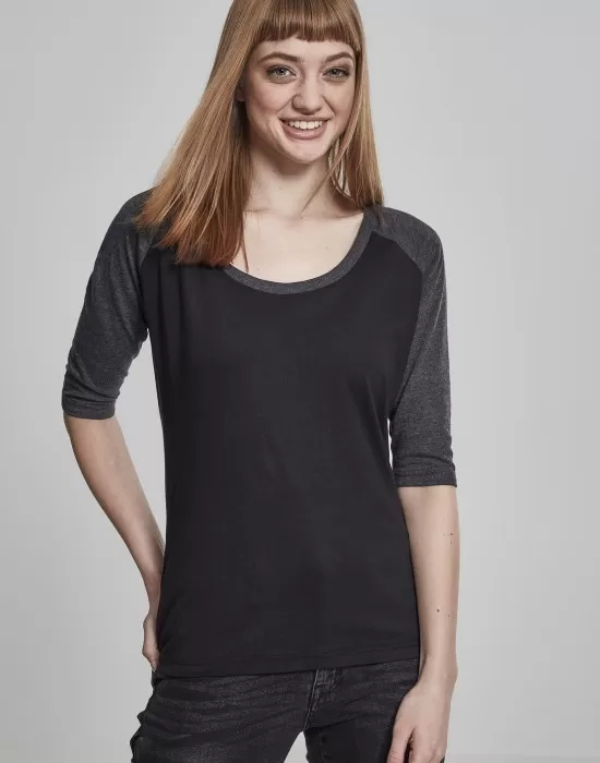 Дамска блуза Urban Classics black/charcoal с 3/4 ръкави, Блузи - Hoodstyle.bg