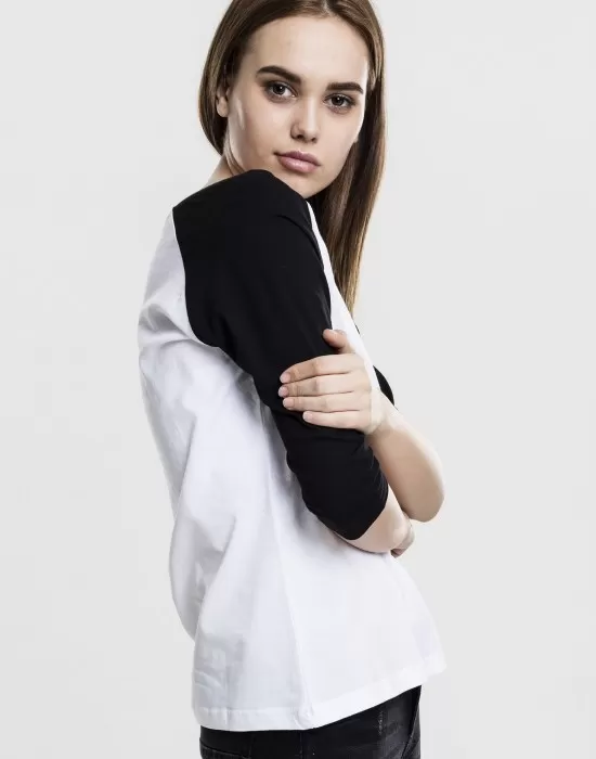 Дамска блуза Urban Classics wht/blk с 3/4 ръкави, Блузи - Hoodstyle.bg
