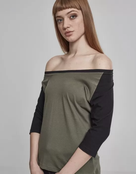 Дамска блуза Urban Classics olive/black с 3/4 ръкави, Блузи - Hoodstyle.bg