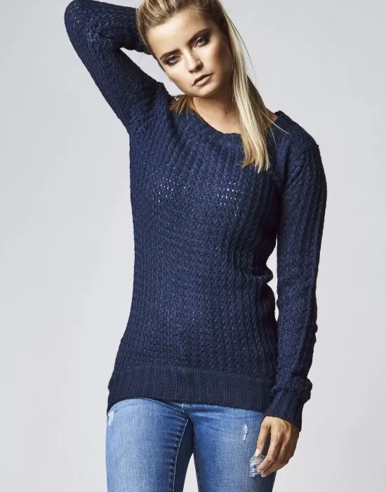 Дамски пуловер в тъмносиньо Urban Classics Ladies Long Wideneck Sweater, Блузи - Hoodstyle.bg