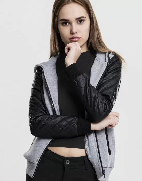 Дамски суичър Urban Classics с кожени ръкави gry/blk XS, Суичъри - Hoodstyle.bg