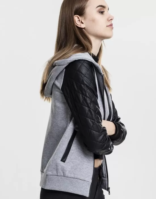 Дамски суичър Urban Classics с кожени ръкави gry/blk XS, Суичъри - Hoodstyle.bg