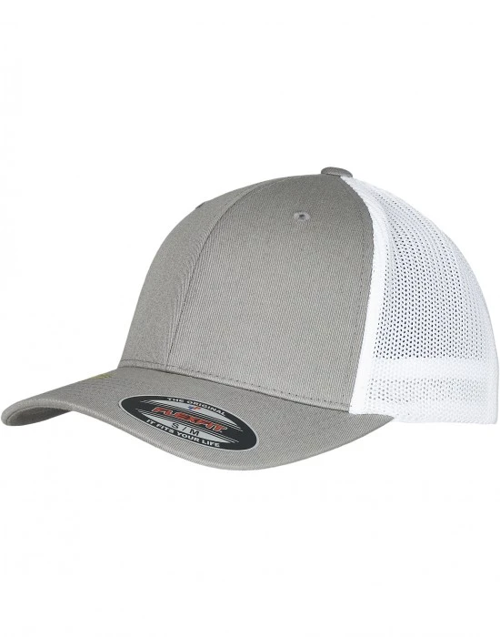 Шапка с козирка в сиво и бяло Flexfit Trucker Recycled Mesh, Шапки с козирка - Hoodstyle.bg